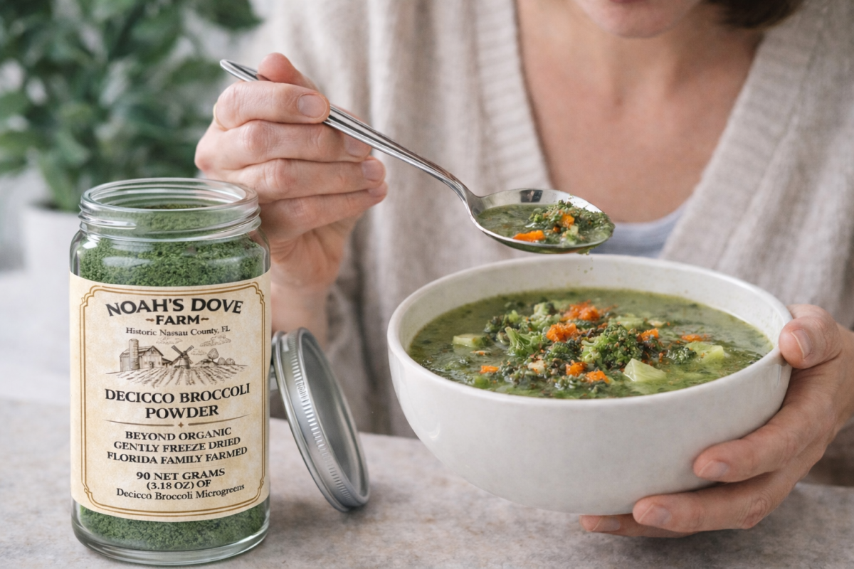 Microgreen powder stirred into soup
